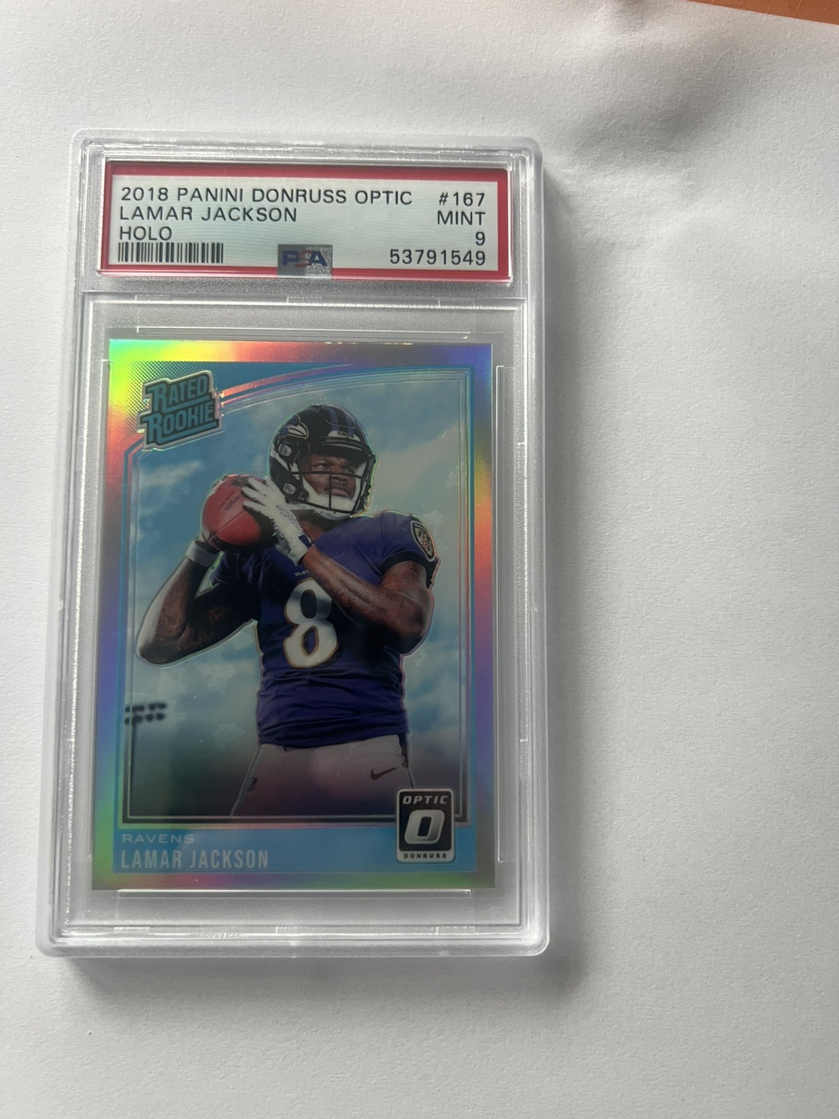 Panini 2018 Donruss Optic Lamar Jackson Rated Rookie Holo Prizm #167 PSA 9 view 1