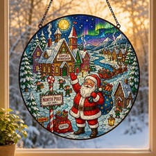 Santa North Pole Stained Glass Suncatcher Christmas Window Hanging Decor Gift