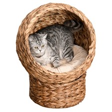 Elevated Cat Bed Rotating Wicker Basket Egg Chair with Cushion Light Brown