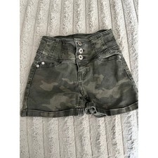 High Rise Camo Denim Shorts Green Brown Camouflage Triple Button Fly Size 12