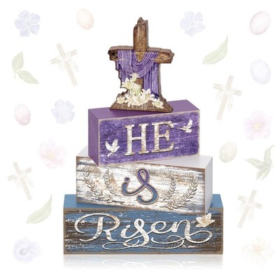 4 Pcs Easter Table Decor He is Risen Tiered Tray Decorations Set Christian Ea...