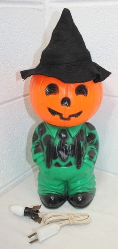 Halloween Mr. Blinky Farmer Pumpkin Head Boy Blow Mold 13" Witch Hat, WORKS! GUC