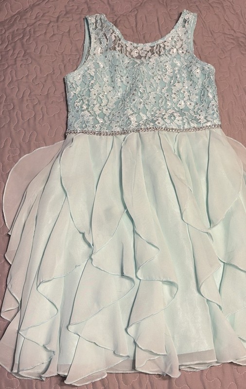 Emily West Girls 10 Mint Formal Dress Lace Chiffon Bow Easter Rhinestone Zip Up