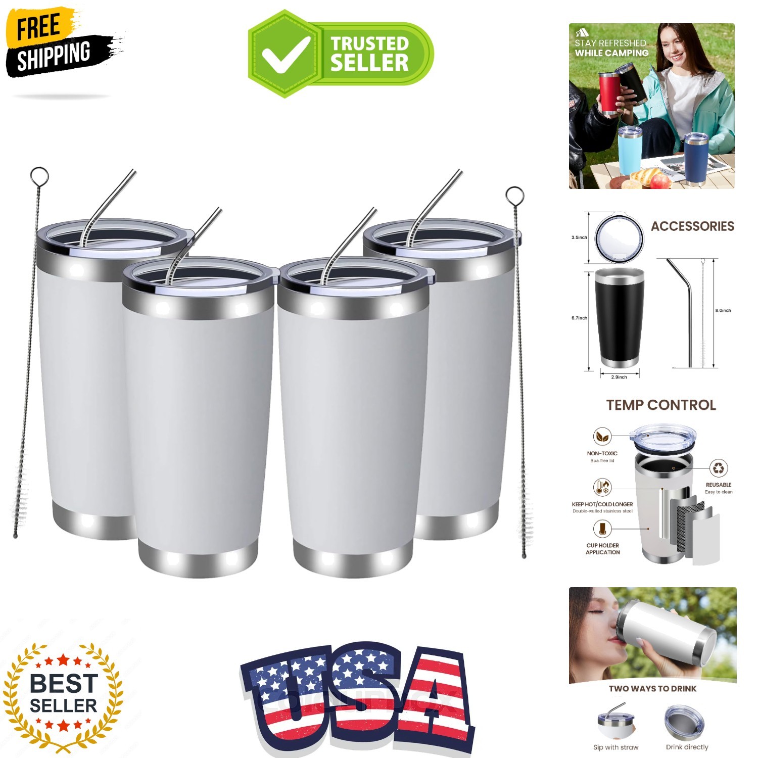 20oz Tumbler 4 Pack Double Wall Vacuum Insulated Travel Mug Bulk, Stainless S...