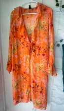 Wild Fable Orange Pink Floral Tie Front Knee Length Dress Long Sleeve Size S