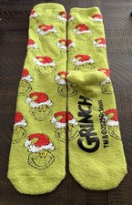 Dr. Seuss Adult The Grinch Santa Hat Fuzzy Cozy Anti-Slip Crew Socks 1 Pair