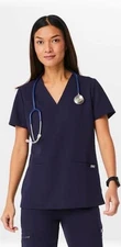 White Cross V Tess XS Navy Blue Scrub Top