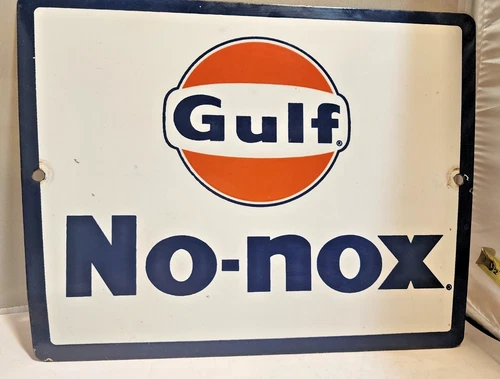 Vintage Original Gulf No-Nox Gasoline Porcelain Gas Pump Sign