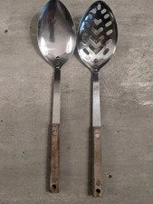 Vintage 12" SPOON & SLOTTEND SPOON Set Riveted Wooden Handle Stainless TAIWAN