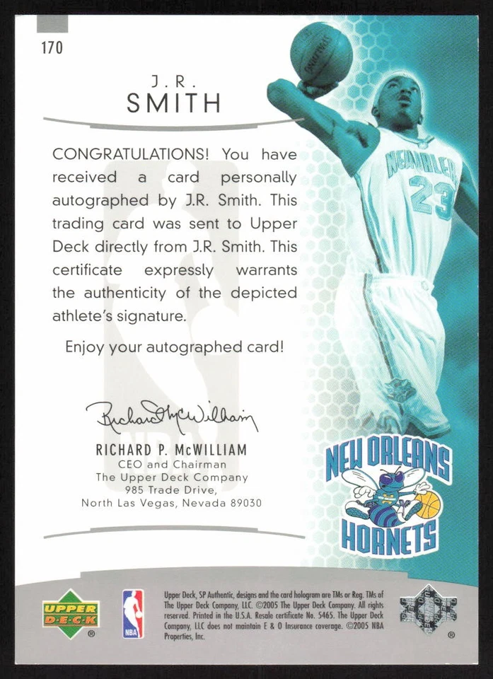 2004-05 SP Authentic Rookie Auto #170 J.R. Smith /1499 New Orleans Hornets - Image 2 of 2
