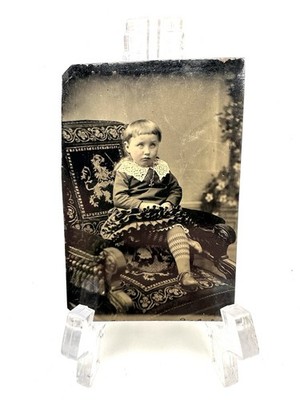 Antique Tintype Photograph Child Elaborate Chair Unique Funny Tinted Cheeks