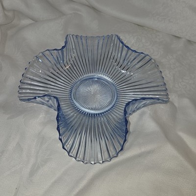 VTG Mermaid Folded Tail Blue Opalescent Glass Dish/Candy Dish 9 1/2'' Diameter
