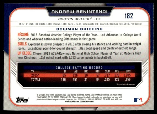 2015 Bowman Draft Picks & Prospects Chrome 1ST Andrew Benintendi #182 - Picture 2 of 2