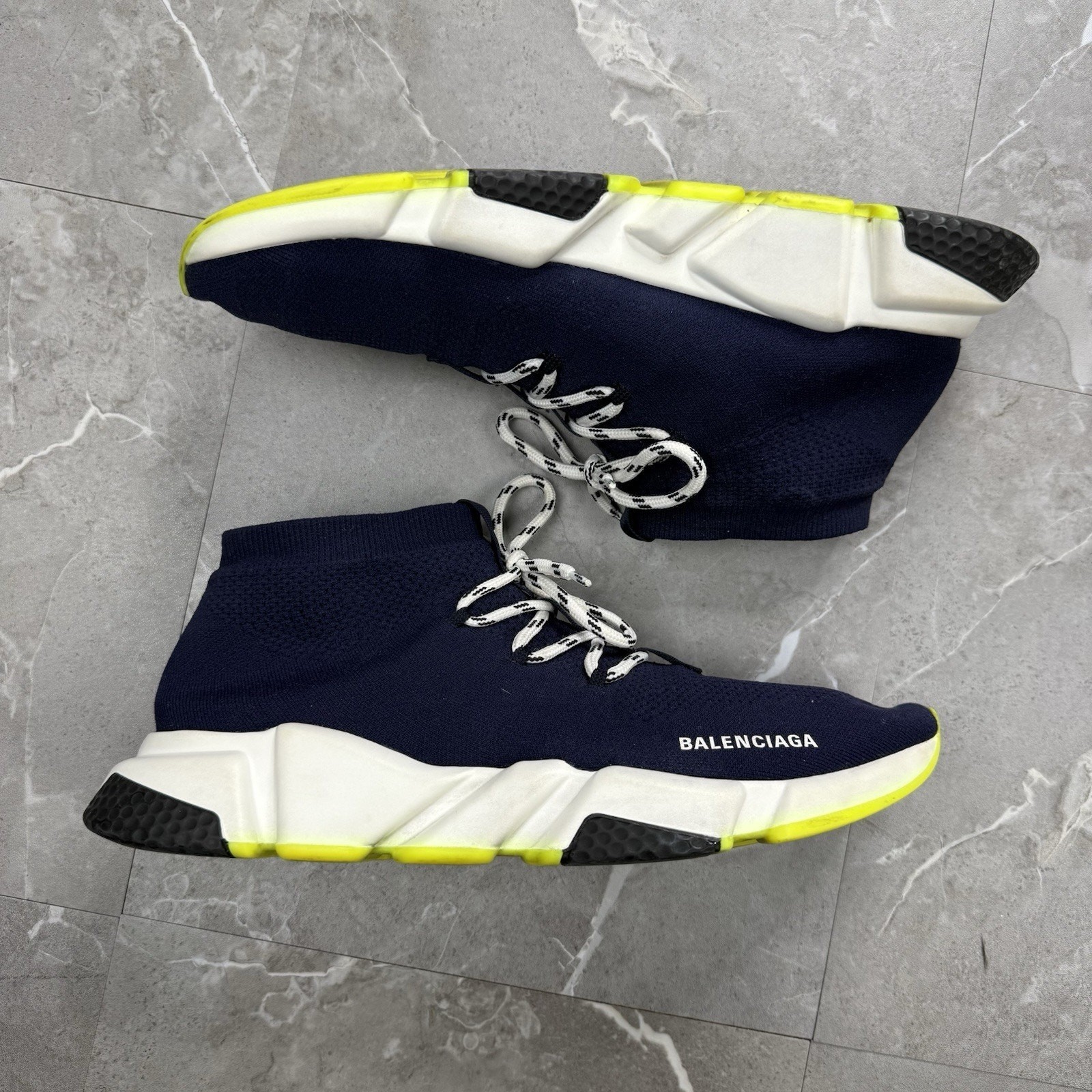 Balenciaga Speed Lace Up Navy White Neon Yellow Sneakers Men’s 13 thumbnail 5