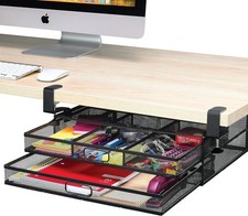 Under Desk Drawer Organizer Clamp-On, Mesh Metal Desk Drawer 2 Drawers