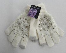 Women's White Text Gloves with Silver and Pearl Bead Embellishment Stretchy: NEW
