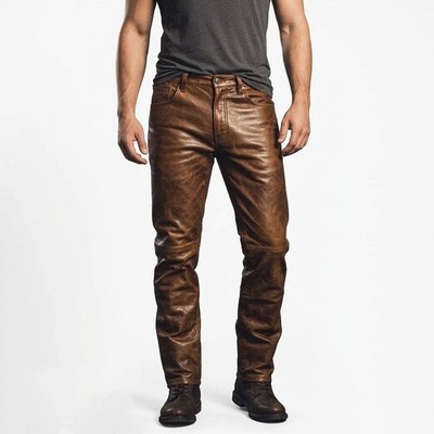 Men Genuine Lambskin Leather Pants Brown Distressed Waxed Biker Slim Fit Stylish