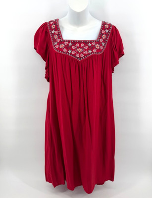 Max Studio Red Embroidered Boho Peasant Dress Rayon - Size L - NWT