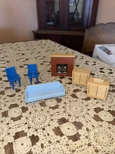 Dollhouse Furniture Mid Century Modern Plastic Couch Chairs Fireplace Sink Cab