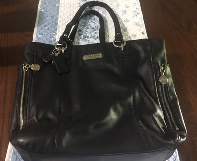 Vintage COACH North South Gallery Black Leather Tote/ Silver Shoulder Bag F19456