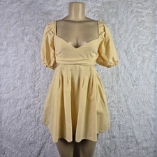 Mable Sz S Faded Yellow Lace Back Puff Sleeve Mini Dress Feminine Sexy
