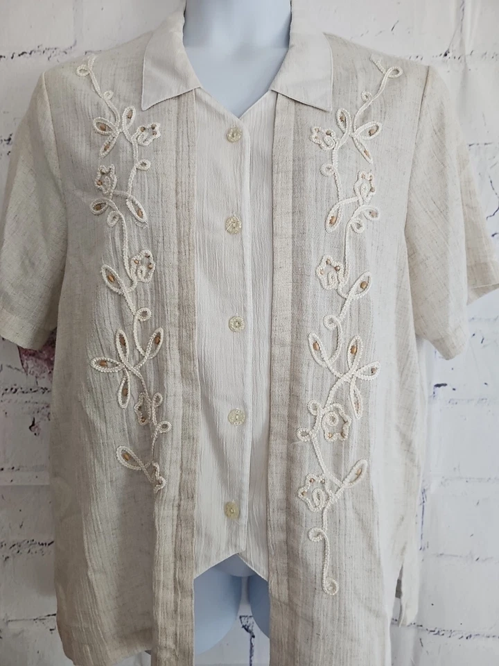 Alfred Dunner Beige Marfil 2 por 1 Capas Look Lino Talla 16 Cuello Manga Corta Foto 2 de 4