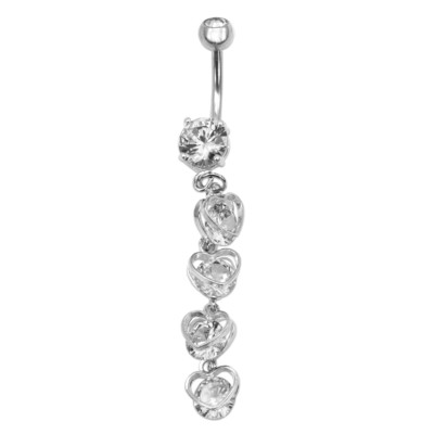 P2GO Four Vertical Drop CZ Set Hearts Dangle 316L Surgical Steel Belly