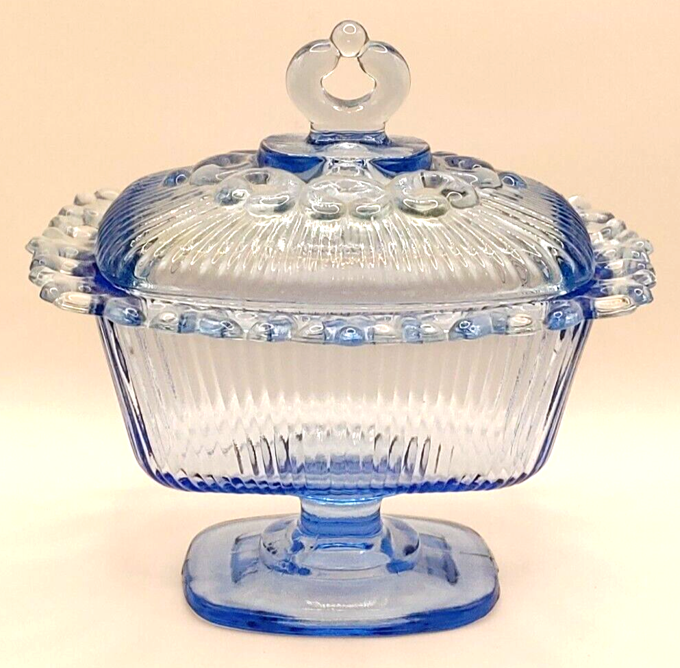 Vintage Indiana Glass Sky Blue Pedestal Candy Dish w/Lid Lace Like