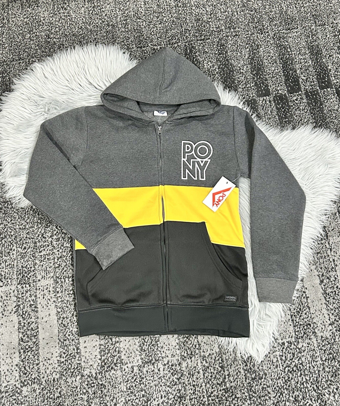 Felpa con cappuccio e zip PONY ragazzo taglia 14 16 in erica antracite giallo nero