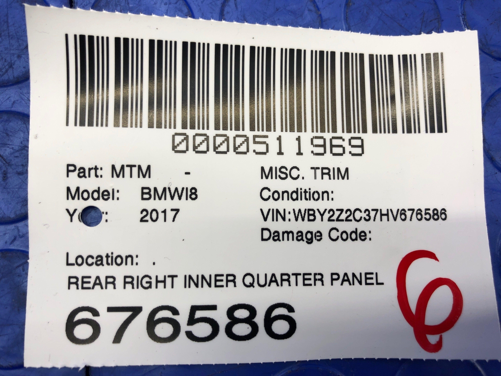 2014-2019 BMW I8 REAR RIGHT INNER QUARTER PANEL COVER BLACK LEATHER 51437335812