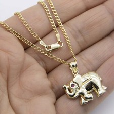 7/8" Elephant with Pink Eyes Pendant Necklace 10K Yellow Gold