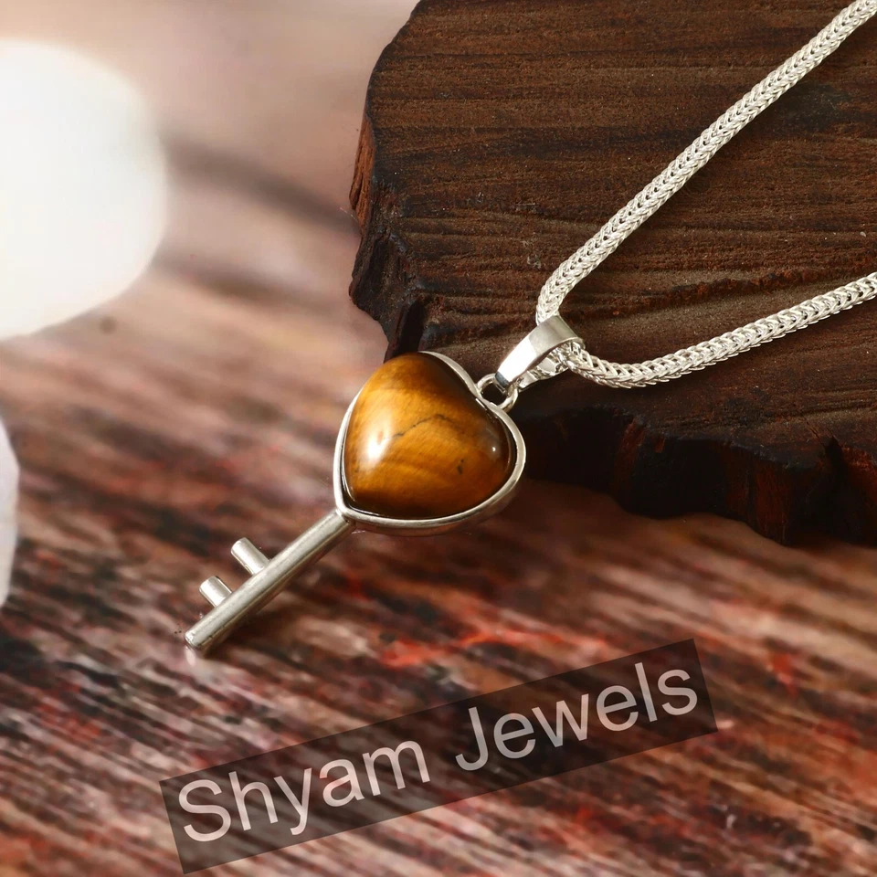 Argento Sterling Splendido Occhio di Tigre Blocco Chiave Ciondolo Collana Coppia - Immagine 2 di 4