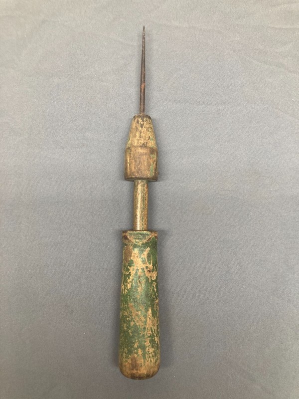 Vintage Spring Loaded Center Punch Awl Ice Pick Tool Green Wooden Handle 10.25"