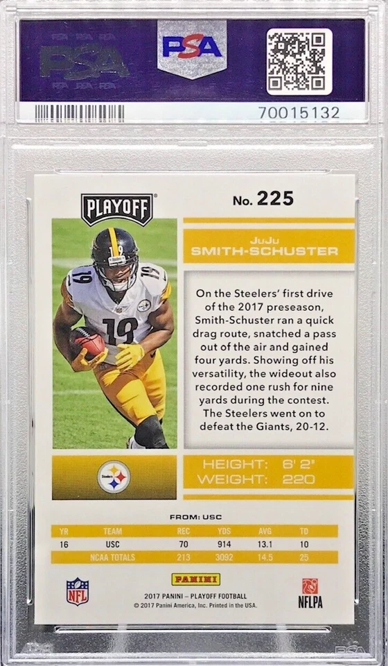 2017 Panini Playoff JuJu Smith-Schuster Gem Mint 10 Rookie RC #225 Steelers O17 - Image 2 of 3