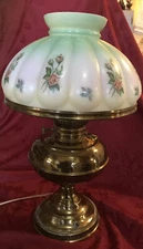 Antique Brass Oil Lamp Electric Hand Painted W/ Repaired Glass Shade