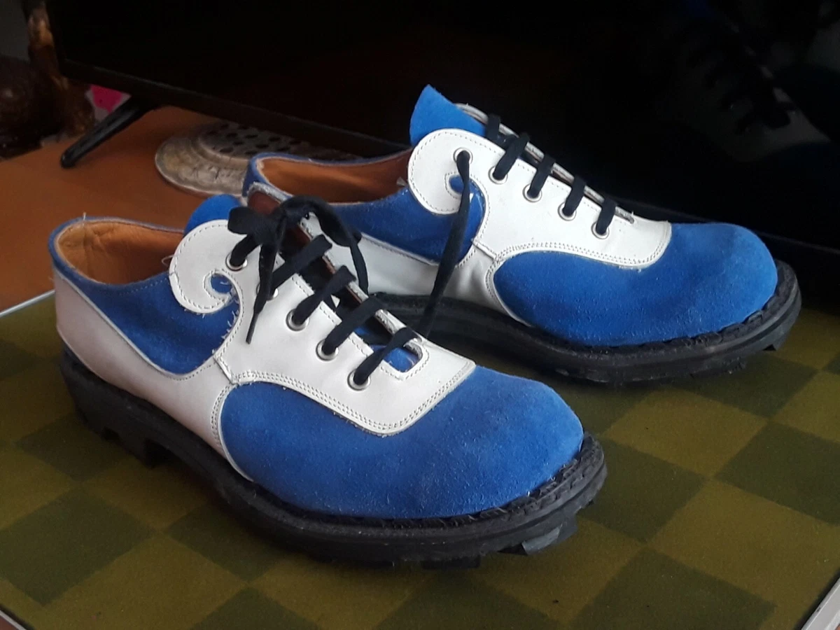VINTAGE JOHN FLUEVOG ANGELS SHOES 9 BLUE WHITE LEATHER ROCKABILLY RACER flame