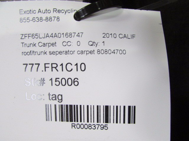 Ferrari California, Roof and Trunk Separator Carpet, Black, Used, P/N 80804700 