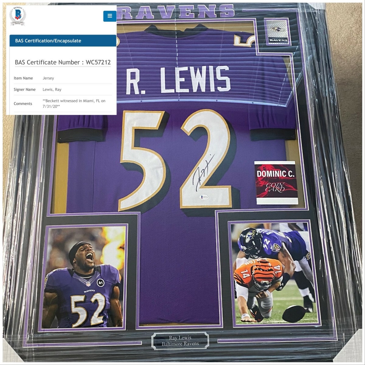 Custom Framed Ray Lewis Autographed Jersey Beckett COA (Baltimore