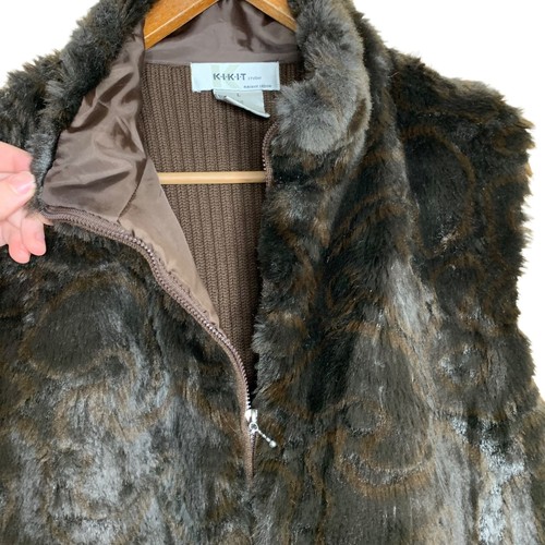 Kikit Faux Fur Vest Brown Back Ribbed Knit Panel Zip Up Front Women's Large - Picture 2 of 9