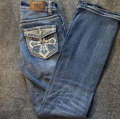 T&Y Fashion Girls Bootcut Jeans Blue Denim Size 3/4 Embroidered Studded Pockets