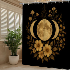 Gold Floral Moon Shower Curtain - Elegant Black Design