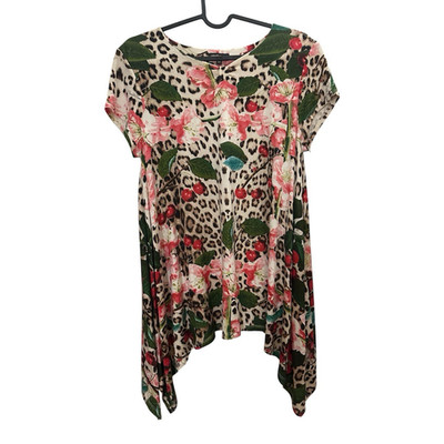 Roberto Cavalli Italy Floral Leopard Print Tunic Top XS/S Asymmetric Hem
