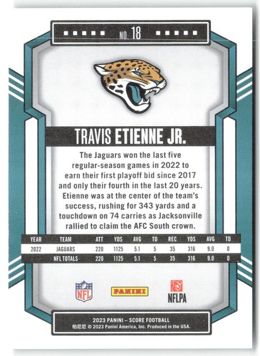 Travis Etienne Jr. 2023 Score Scorecard #18 Jacksonville Jaguars - Picture 2 of 2