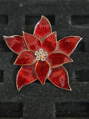 Signed Eisenberg Ice Vintage Poinsettia Flower Rhinestone & Red Enamel Brooch