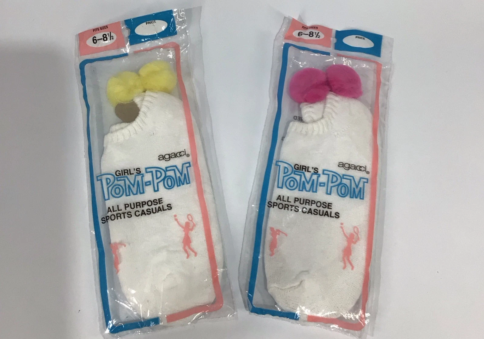 Girl’s Pom-Pom Ankle Low Cut Socks Size 6-8.5 Yellow & Fuchsia VTG? NOS- 2 Pairs