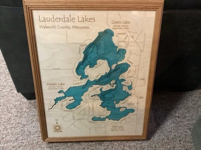 LAUDERDALE LAKES Walworth WI 3D Wooden Nautical Framed MAP by LAKE ART LLC 18x22