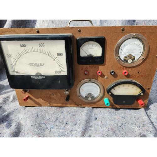 11 Vintage Voltage/Amp gauges mounted in test box Western Beede Simpson Weston
