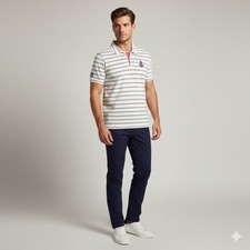 Sina Cova Polo Shirt Mens Large White Gray Striped Anchor Vintage