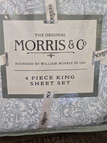 WILLIAM MORRIS & Co KING Algodón Verde azulado y blanco Lujoso Juego de Sábanas Florales NUEVO - Imagen 2 de 8