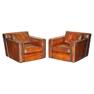 LUXUS PAAR ART DECO KOMPLETT RESTAURIERTE WHISKY BRAUNE LEDER CLUBSESSEL